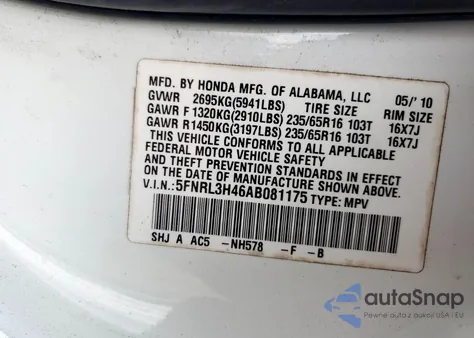 2010 Honda Odyssey Ex z USA, uszkodzony, nr VIN 5FNRL3H46AB081175